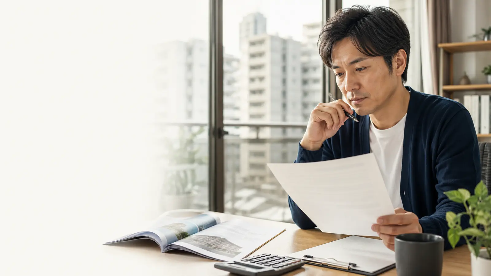 マンション投資の契約前に資料と数字を確認する会社員